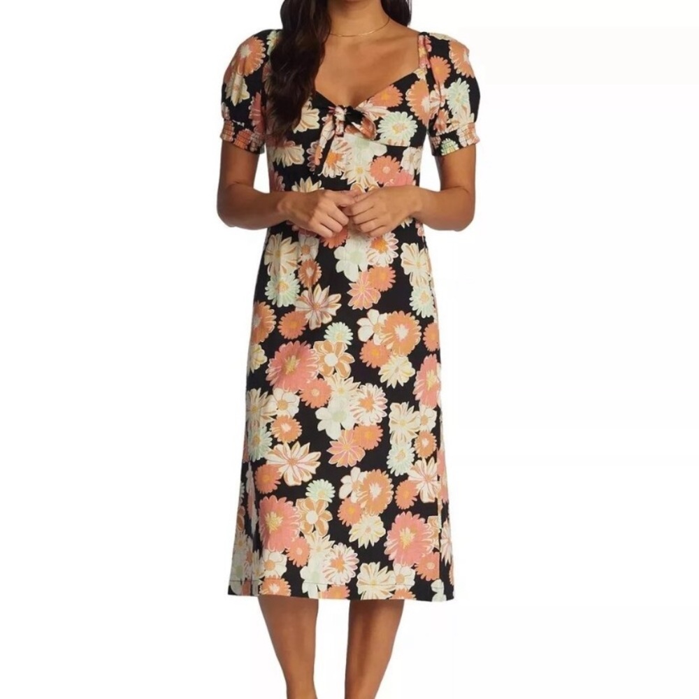 ROXY Floral Midi Dress Summertime Feeling Front Tie Black Pink Womens Small